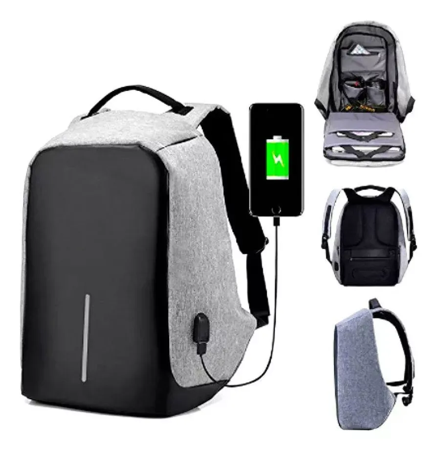 Maleta Antirrobo Mochila Morral Anti Robo Con Cable Usb Gris 